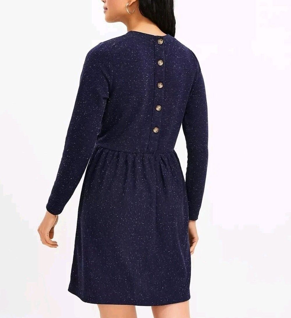 Loft Flecked Button Back Swing Dress Size Petite Medium Blue Office Work Fall
